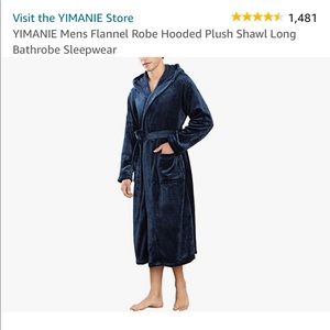 YIMANIE Mens Flannel Robe Hooded Plush Shawl Long Bathrobe Sleepwear